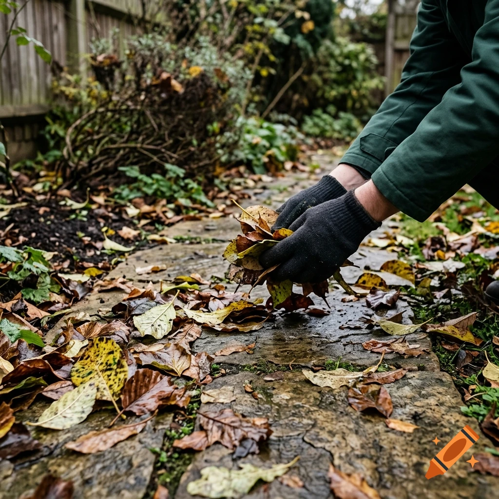 Close-up of hands in work gloves gathering autumn leaves on a stone pathway in a garden.