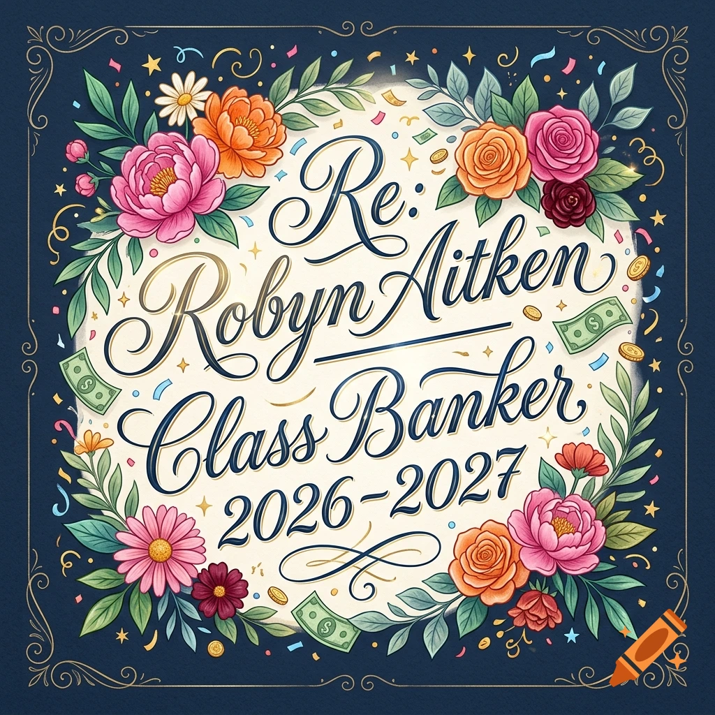 Decorative card with elegant script text reading Re: Robyn Aitken Class Banker 2026-2027, surrounded by colorful flowers and money illustrations.