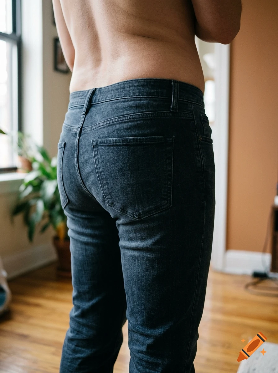 Rear view of a person wearing dark jeans and shirtless indoors in a home setting.