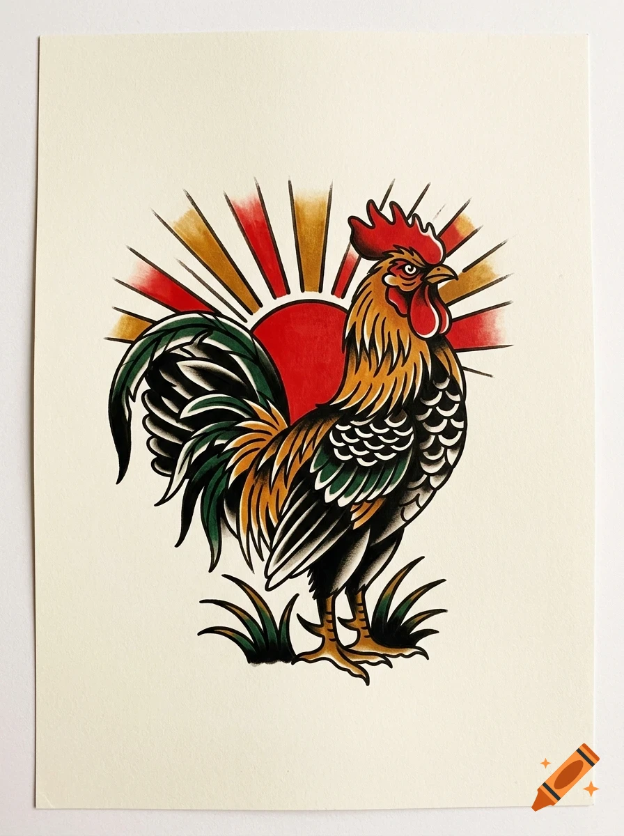 An illustrated rooster stands in front of a red sun with radiating yellow and red rays, rendered in a traditional tattoo style.
