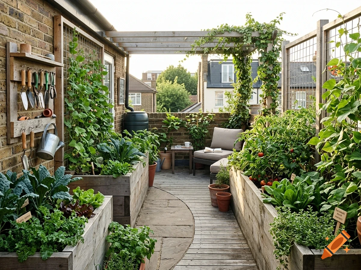 A rooftop terrace garden with wooden raised beds full of leafy greens, tomato plants, and hanging gardening tools on the brick wall.
