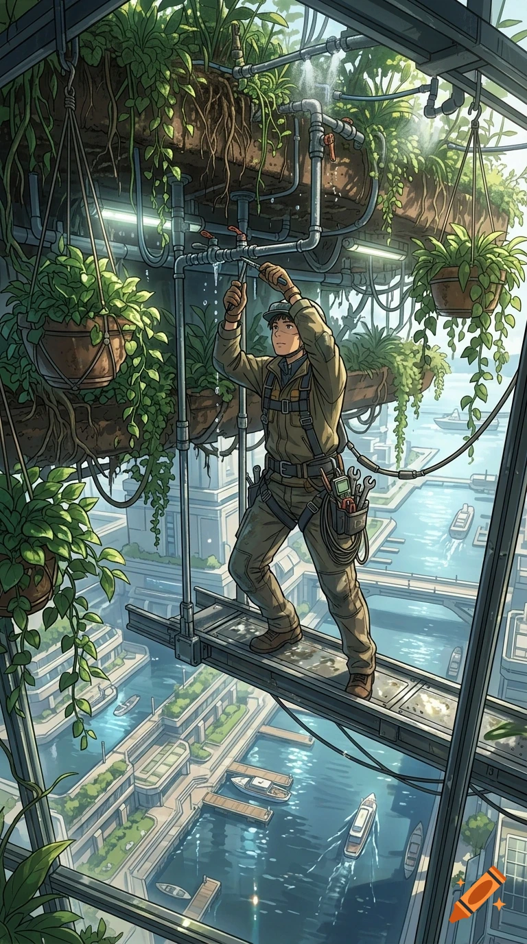 A worker in a jumpsuit repairs overhead pipes in a lush, plant-filled greenhouse structure overlooking a coastal city.