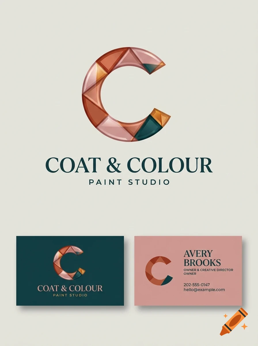 A branding design showing a mosaic letter C logo with the text COAT & COLOUR PAINT STUDIO, alongside two business cards.