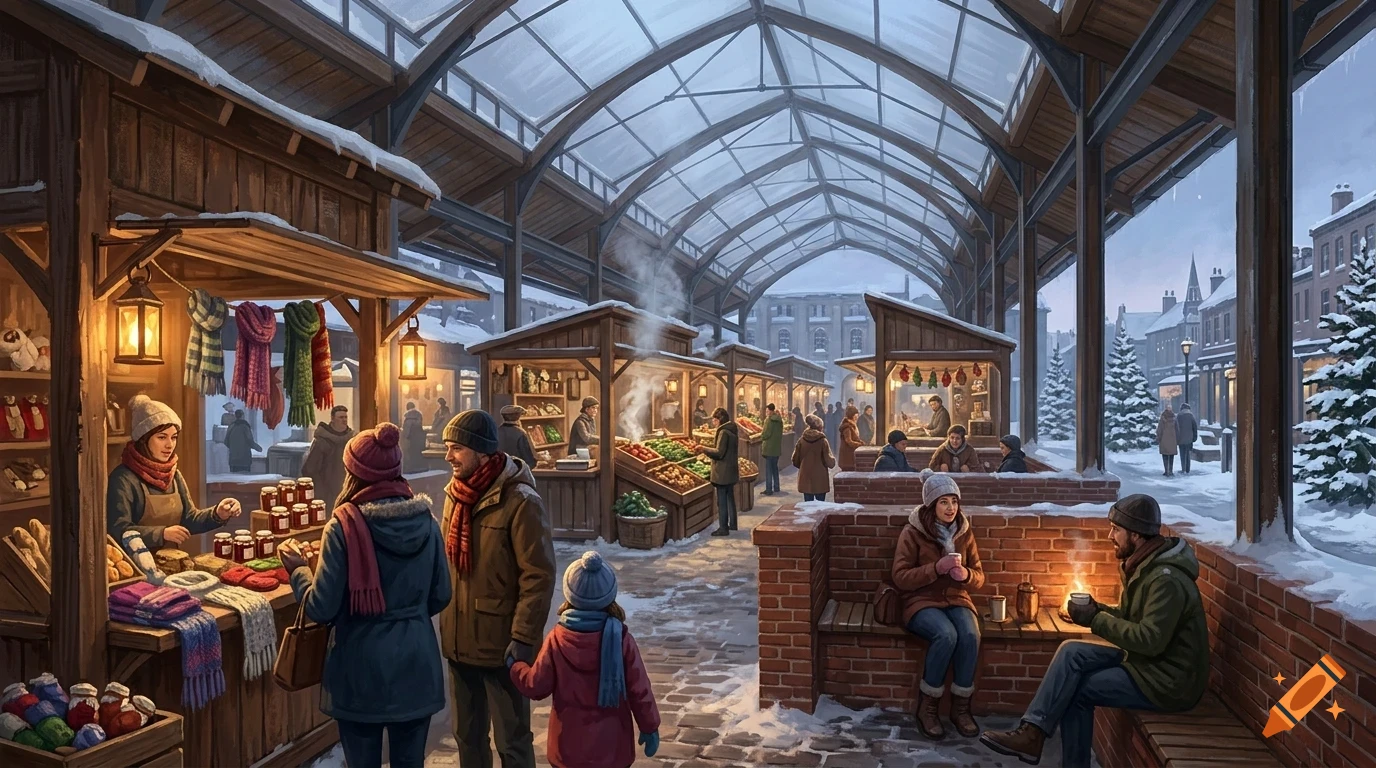 An illustrated winter market under a large glass and wooden arched roof with people shopping at stalls and sitting on brick benches in the snow.