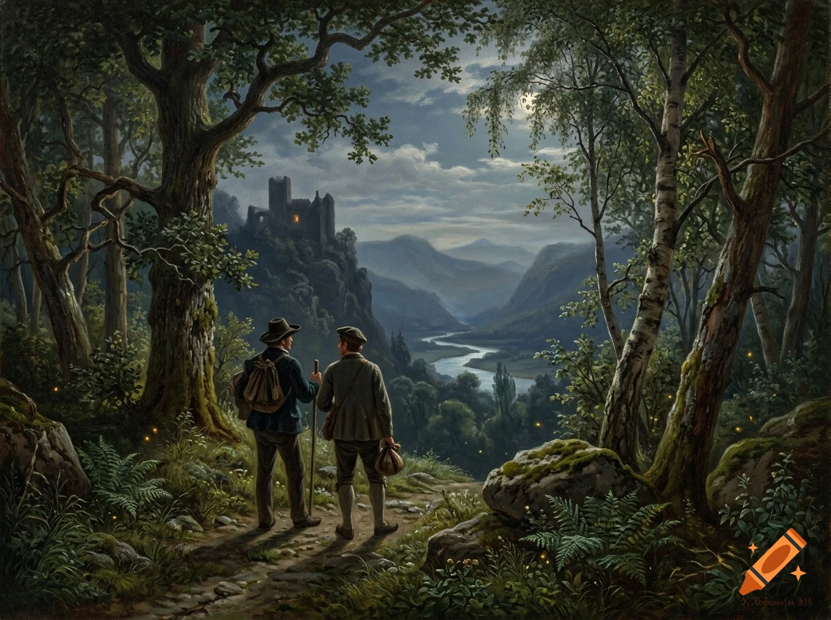 Romanticism style painting of two travelers in a lush forest looking out at a castle in the distance at twilight.