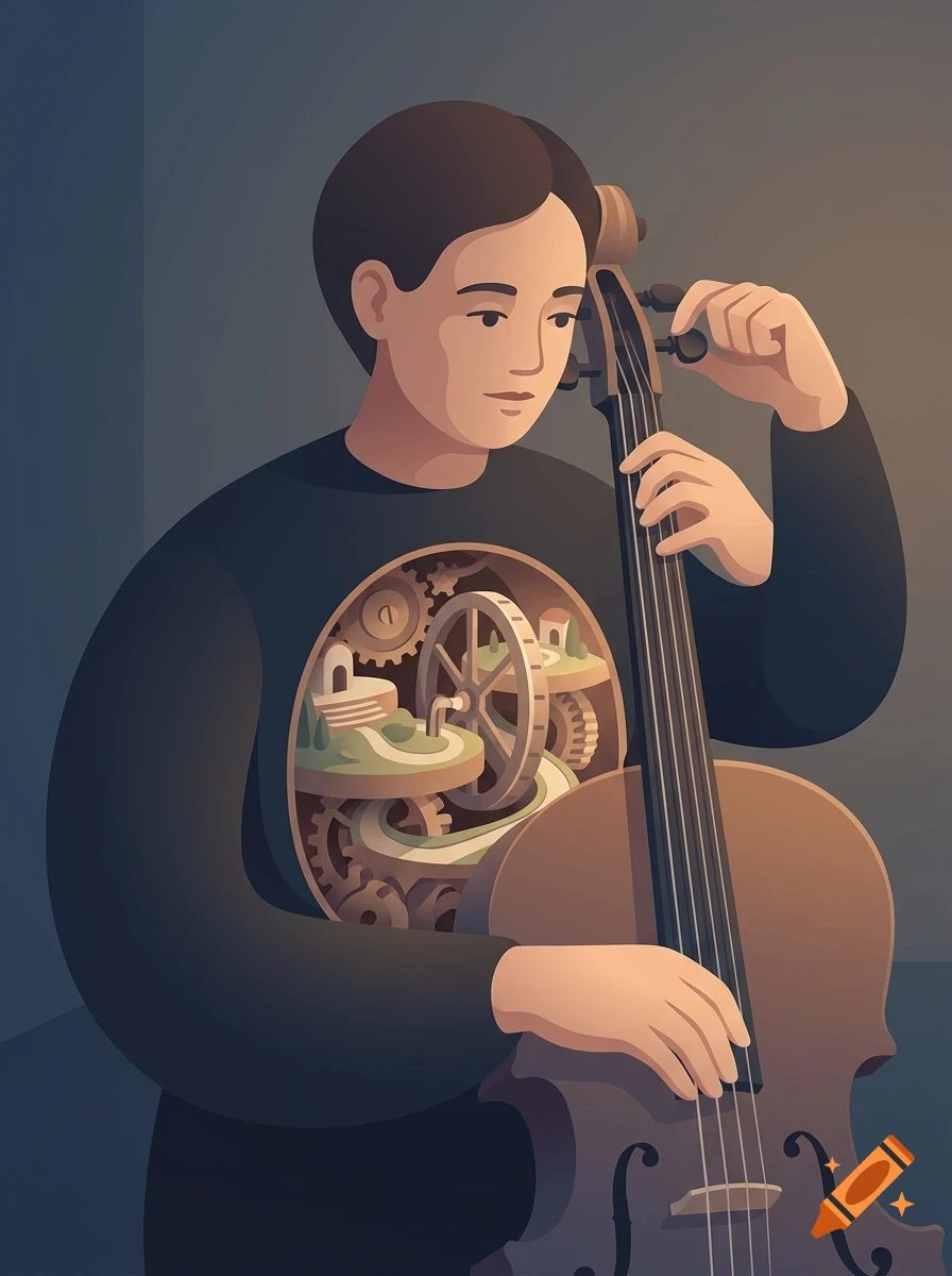 Illustration of a person playing a cello, with a cutaway view of gears and a miniature landscape inside their chest.