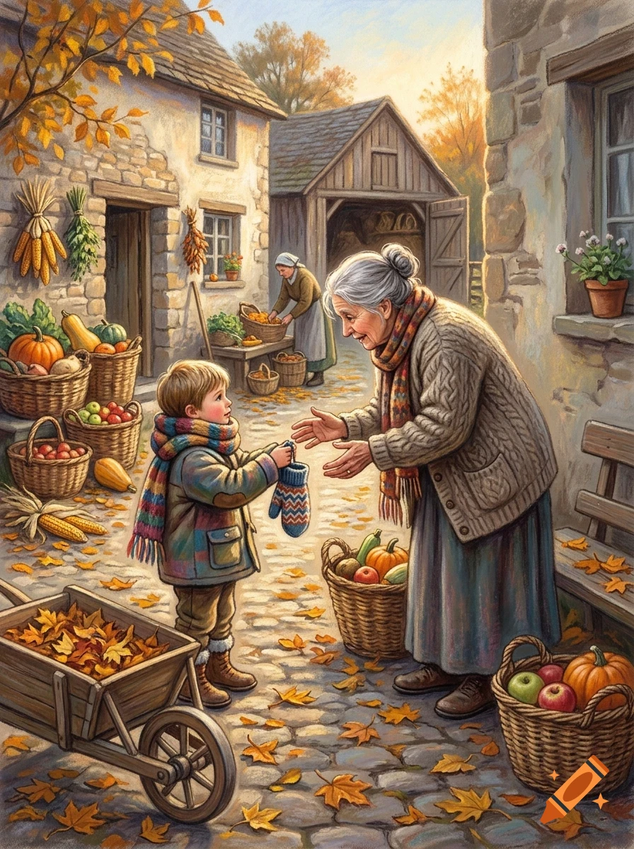 An elderly woman smiling and reaching out to a young boy who is handing her a mitten in an autumn village courtyard filled with baskets of vegetables.