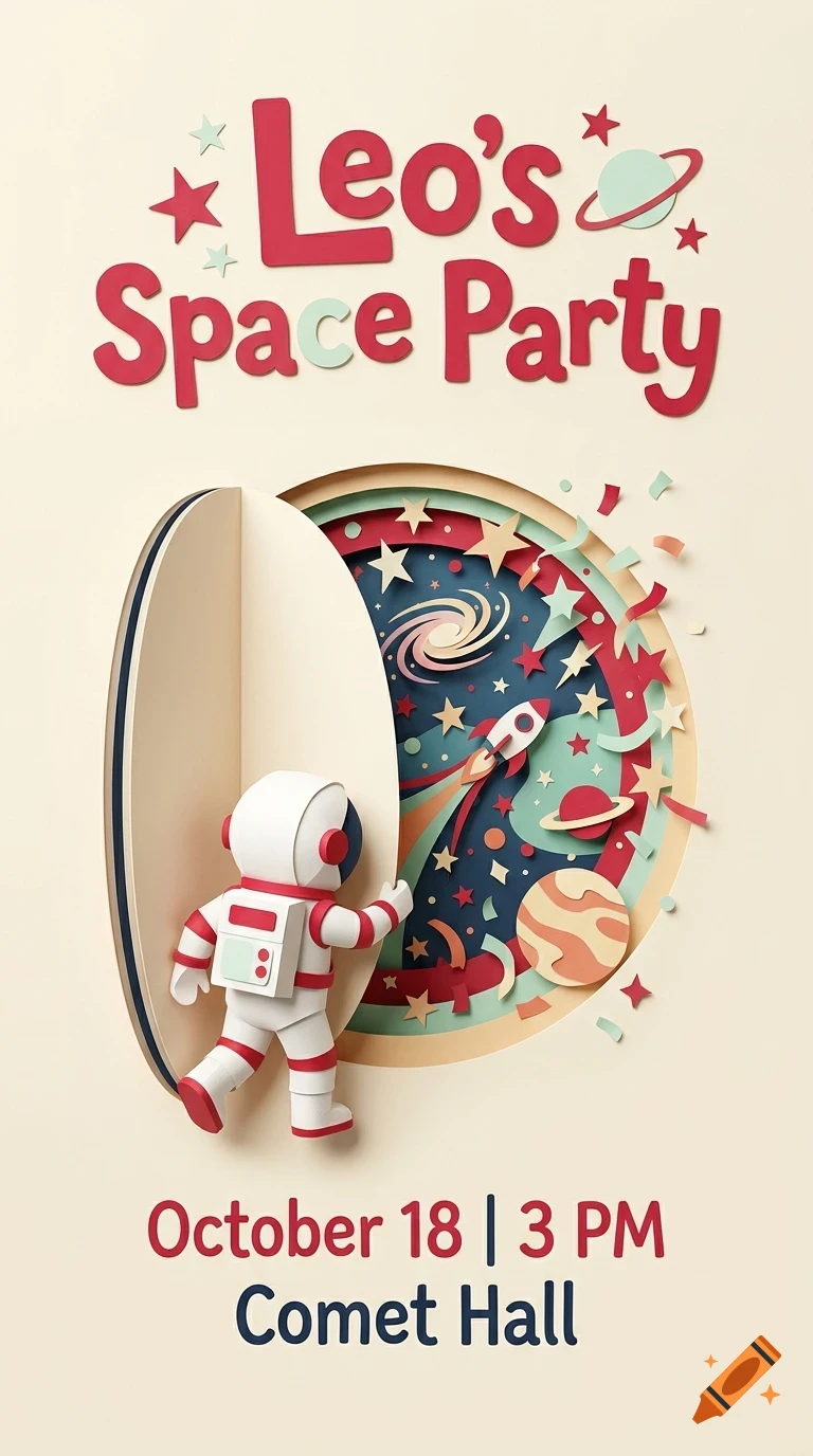 An invitation design with papercut art featuring an astronaut opening a circular door to reveal a space scene with planets, stars, and a rocket.
