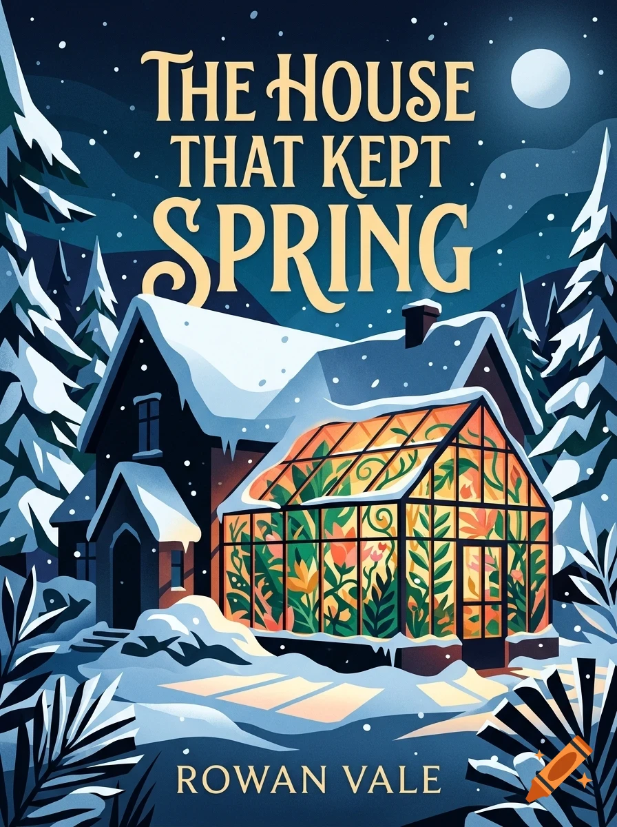 An illustrated book cover showing a snow-covered house and a glowing green greenhouse at night under a full moon, with title text.