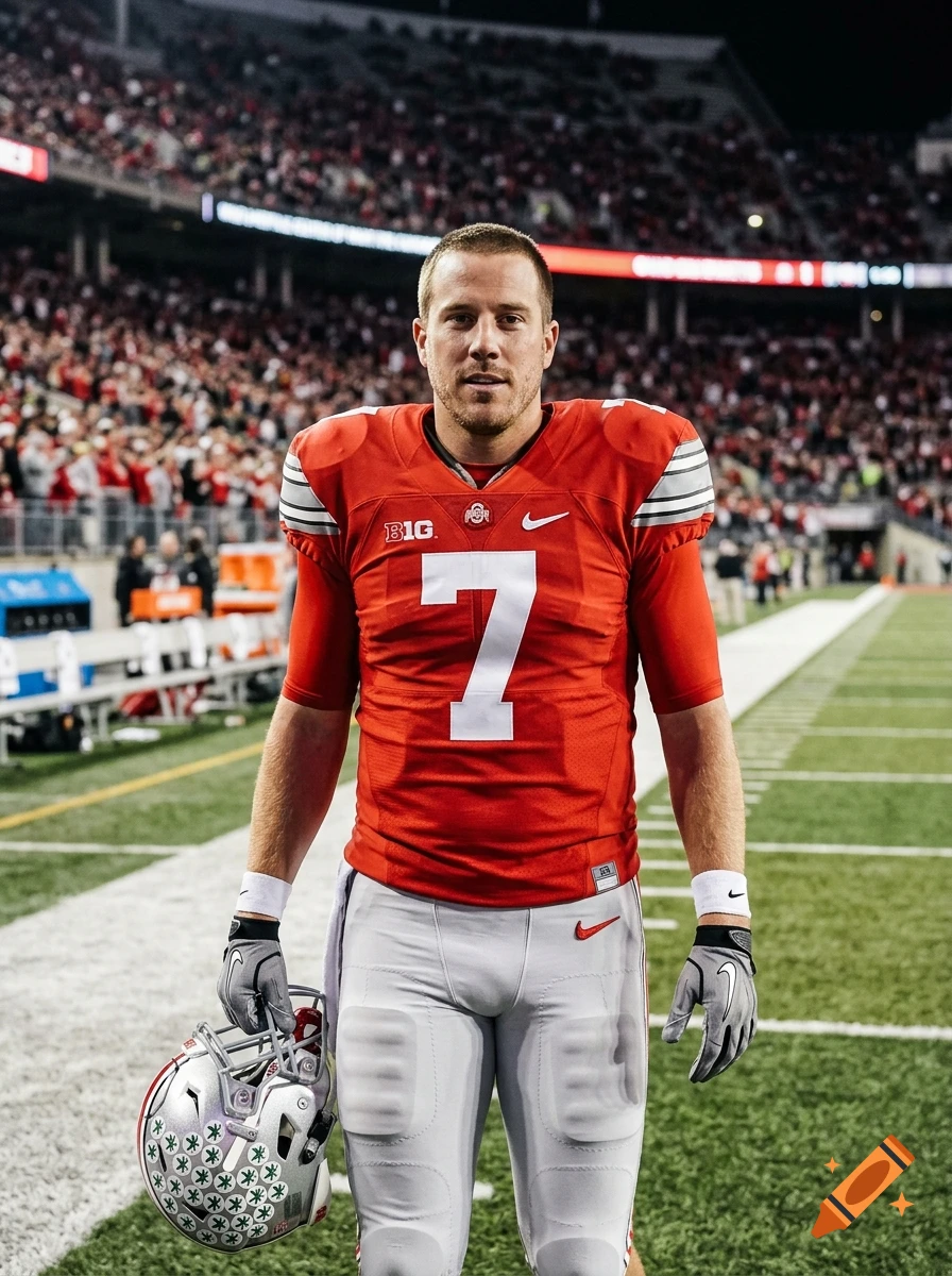 Photorealistic image of a football player in a red jersey with number 7, standing on a football field holding his helmet.