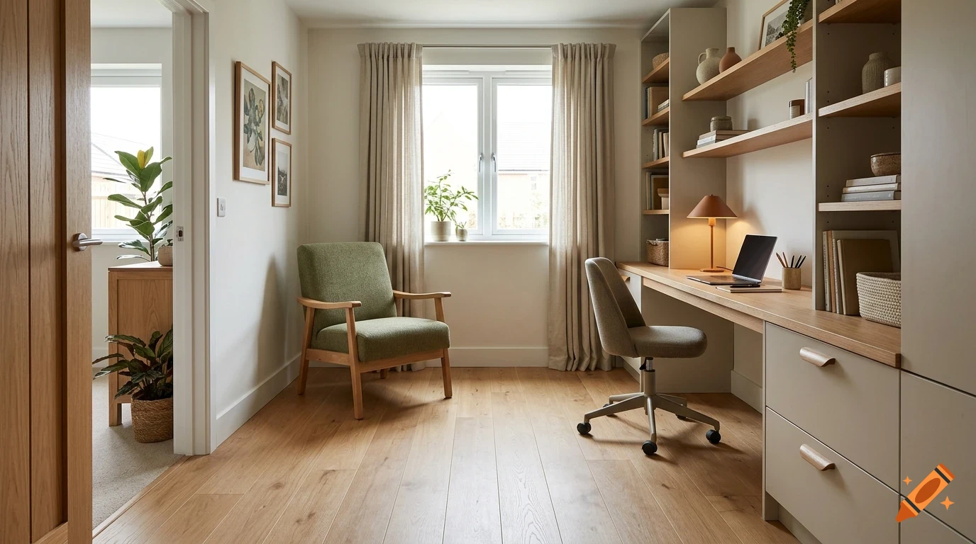 A modern home office with a green armchair, built-in desk, shelving unit, laptop, and wooden flooring.