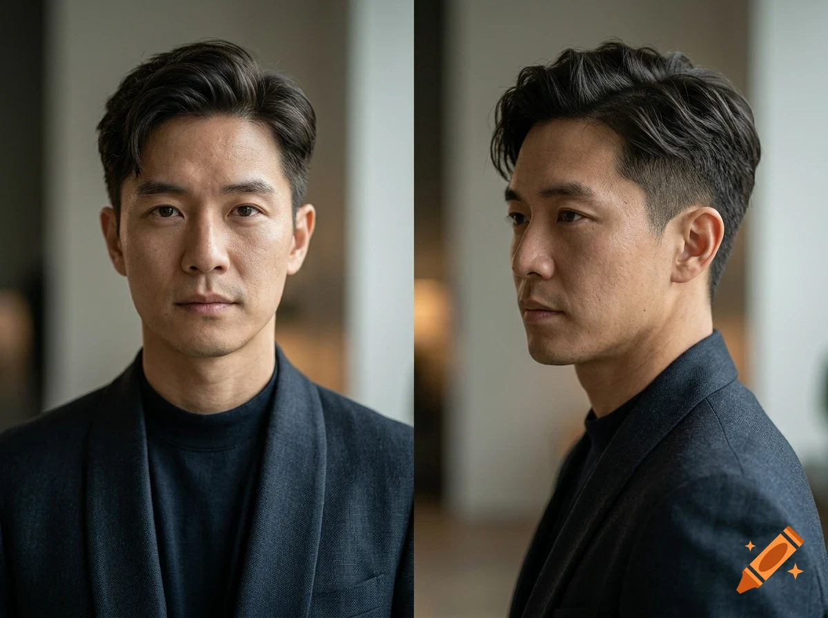 A close-up split view of an Asian man with dark hair, wearing a dark blue blazer and shirt, shown from front and profile angles.