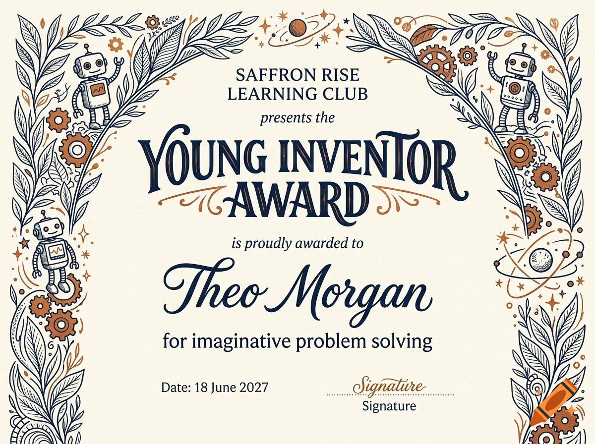 An award certificate with ornate floral borders, small robot illustrations, gears, and stylized lettering reading Young Inventor Award.