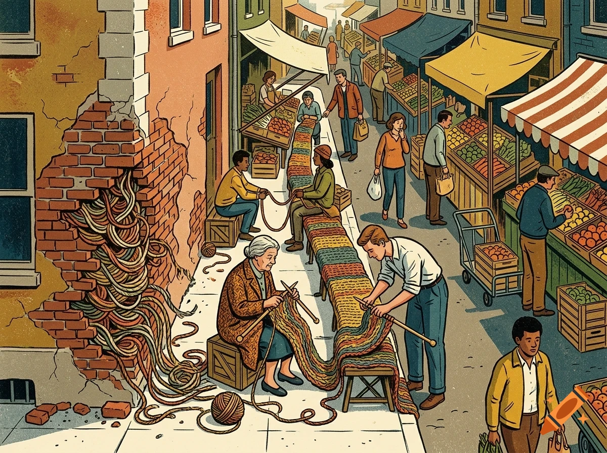 An illustrated street market scene where people knit a very long multi-colored scarf that extends from a hole in a brick wall.
