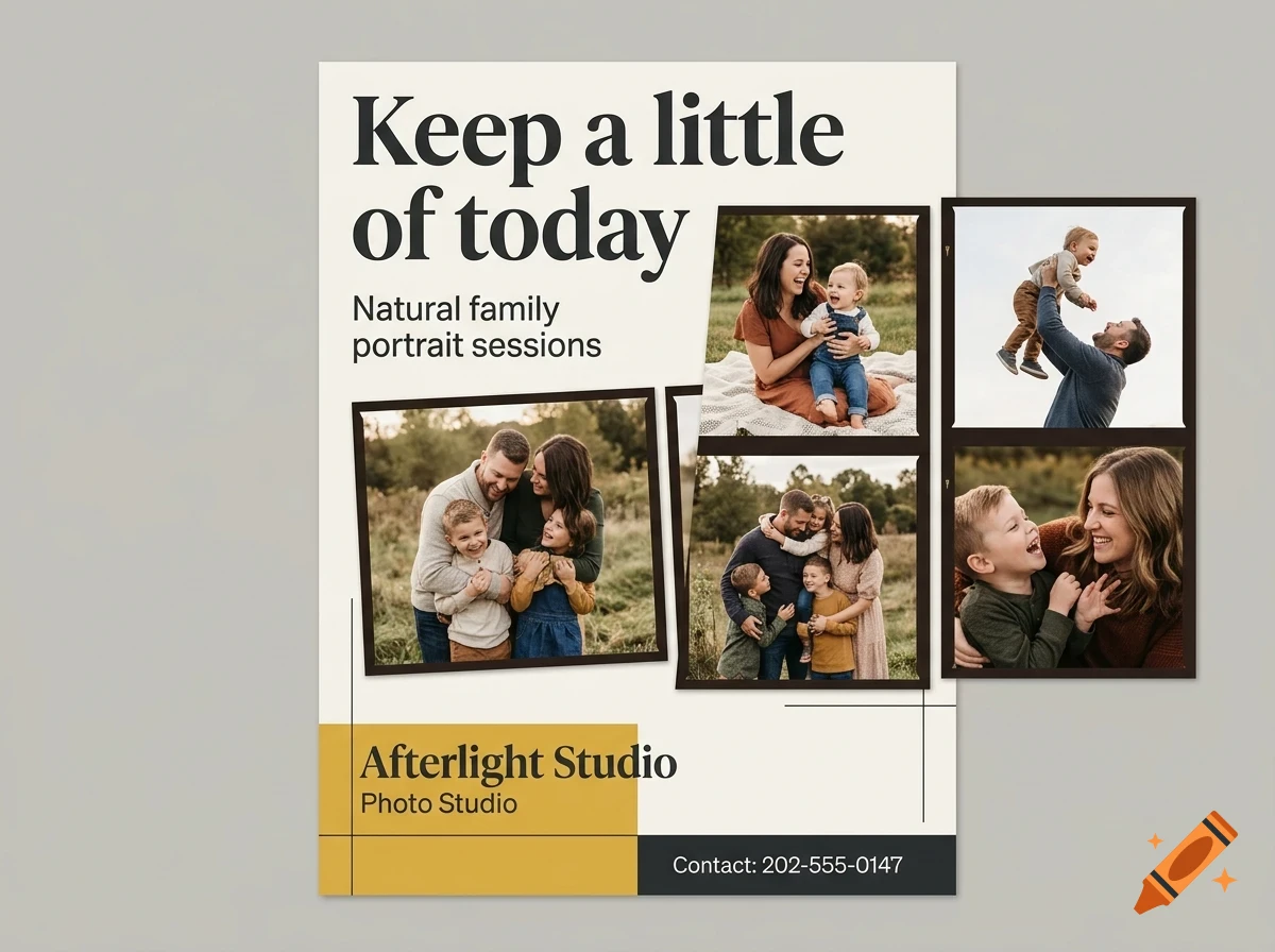 A flyer for a photo studio featuring multiple family portraits and the text 'Keep a little of today' and 'Afterlight Studio'.