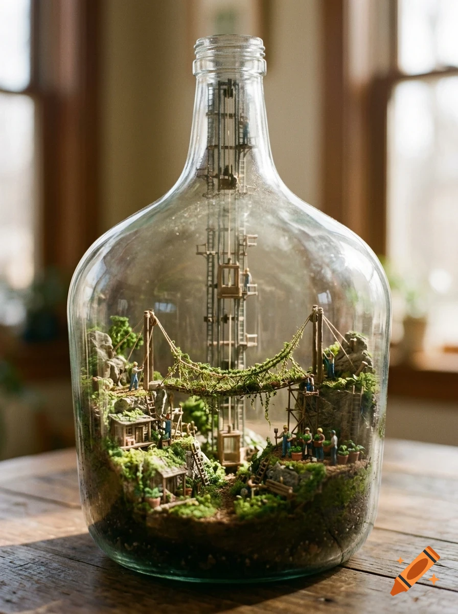 A miniature diorama inside a large glass bottle showing tiny people working on a suspension bridge and tower.