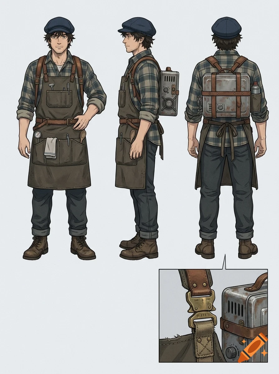 Character design sheet showing a young man in multiple angles wearing a plaid shirt, apron, cap, and carrying a metal backpack.