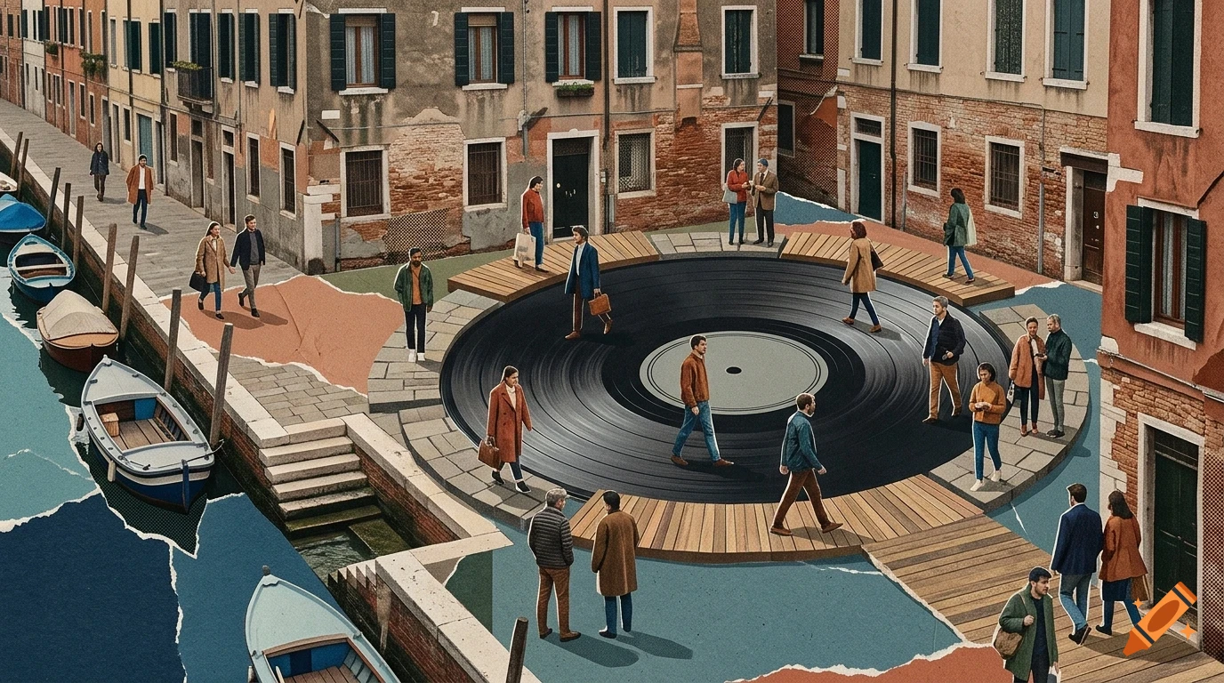 An illustrated surreal scene of a Venetian canal where a giant vinyl record forms a public plaza, surrounded by historic buildings, boats, and pedestrians.