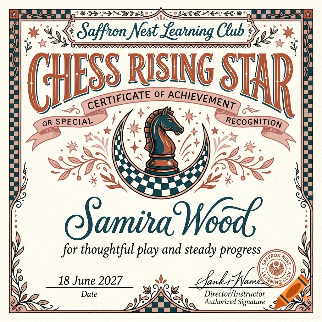 An illustrated certificate of achievement titled Chess Rising Star with a chess knight piece design.