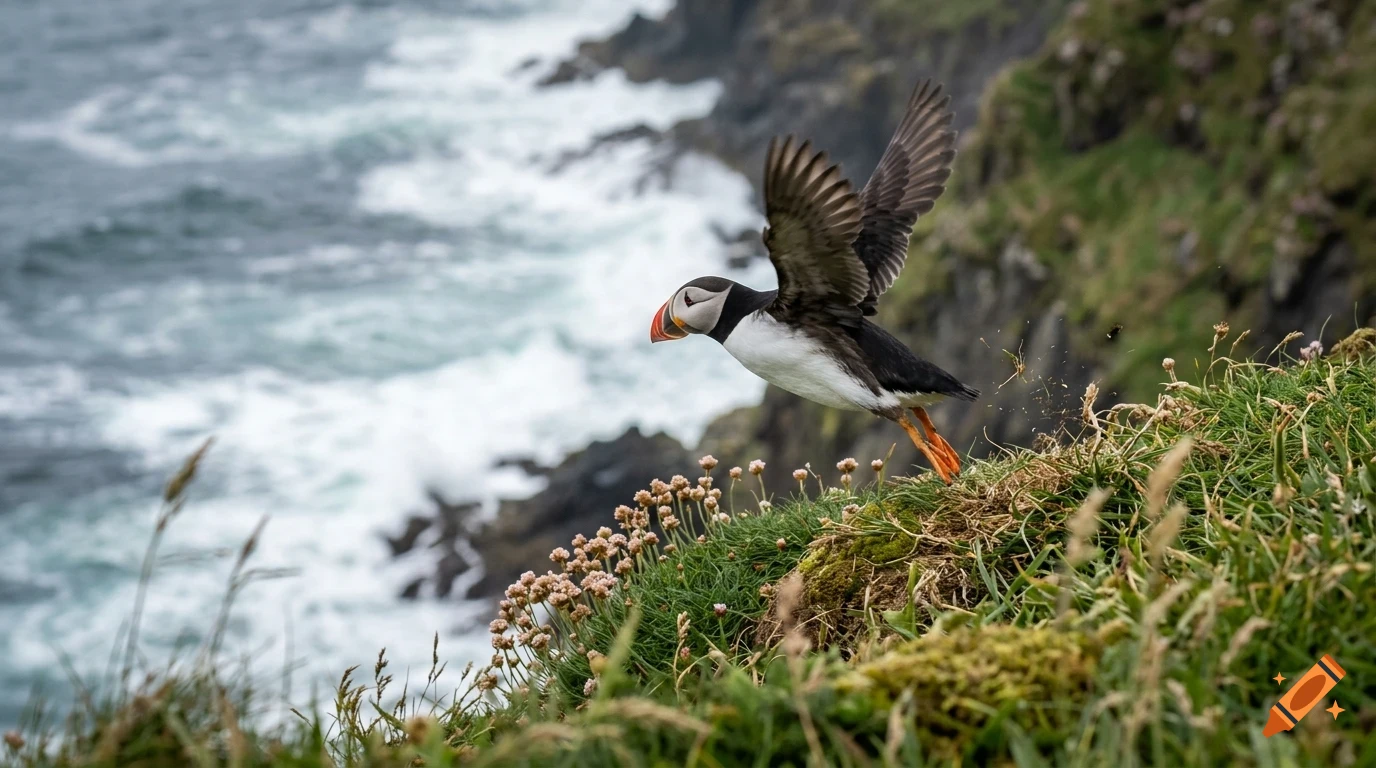 A puffin taking flight from a grassy cliff edge overlooking a rocky ocean shore.