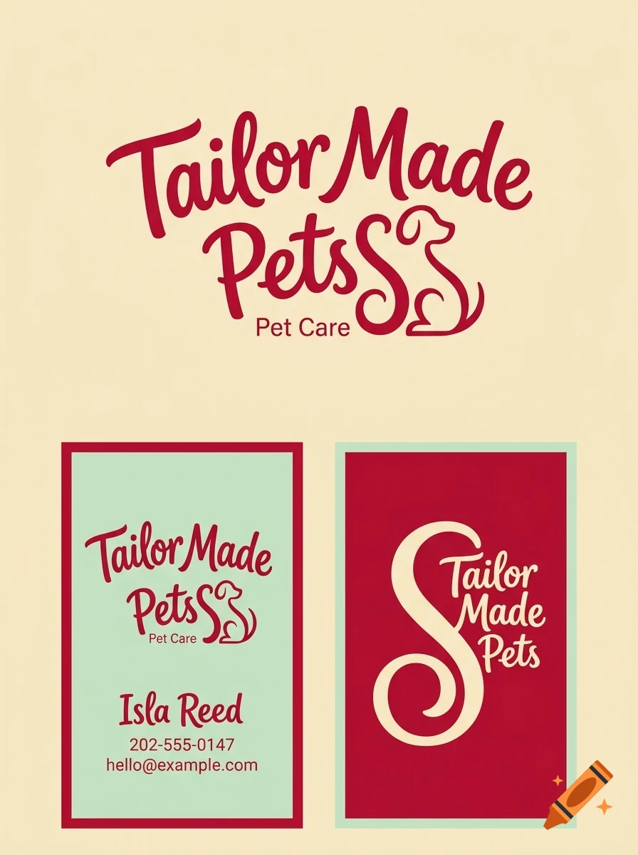 Branding design for 'Tailor Made Pets' featuring a stylized dog icon, script lettering, and business card layouts with contact details.