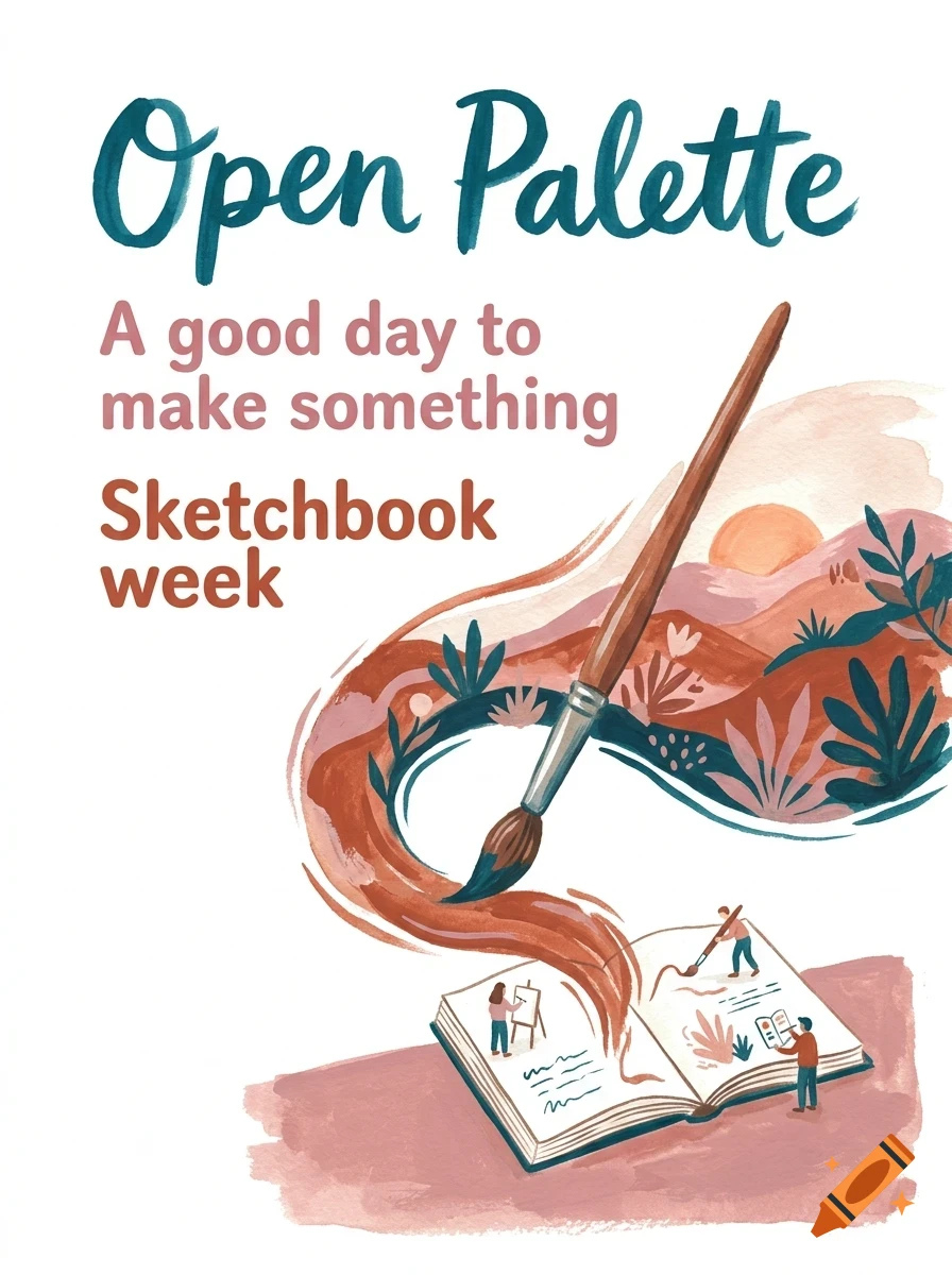 An illustrated poster with the text Open Palette, A good day to make something, and Sketchbook week, featuring a paintbrush sweeping across an open book with tiny people painting.