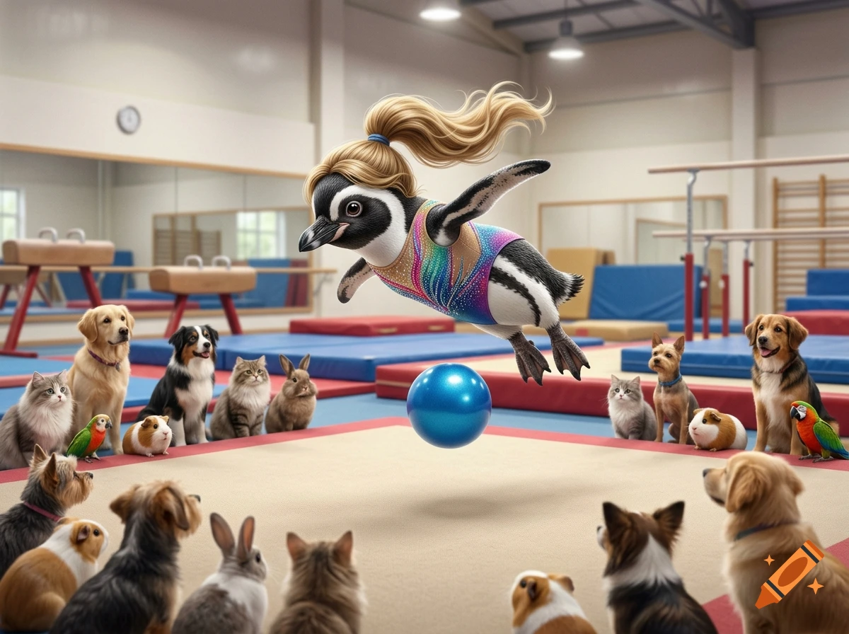 An anthropomorphic penguin wearing a leotard and blonde ponytail performs a flip over a blue ball, surrounded by watching pets in a gym.