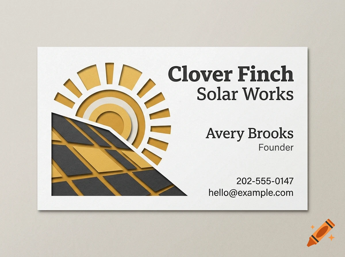 A business card for Clover Finch Solar Works featuring a layered paper art graphic of a sun and solar panels.