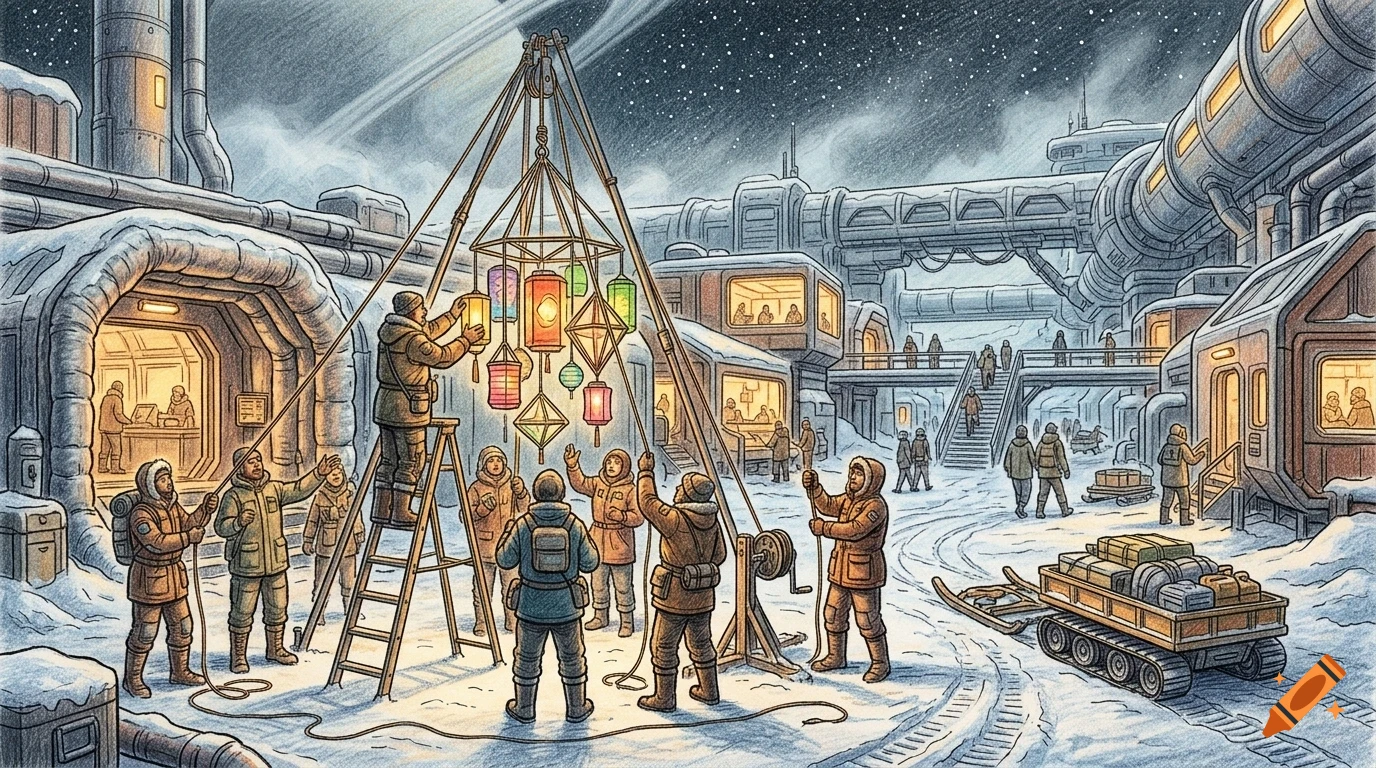 People in winter gear gathering in a futuristic snowy colony to hoist a cluster of glowing lanterns.