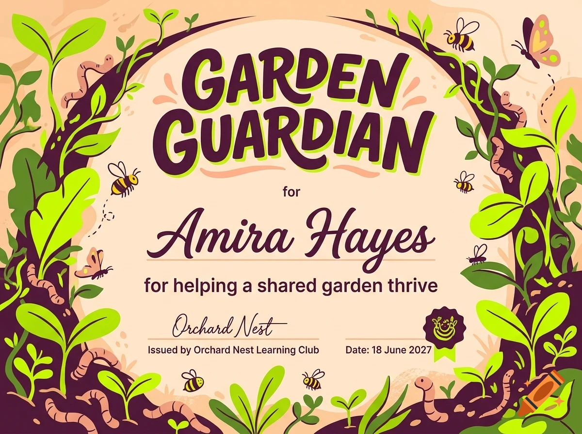 An illustrated certificate titled Garden Guardian with a decorative garden frame featuring plants, insects, and worms.