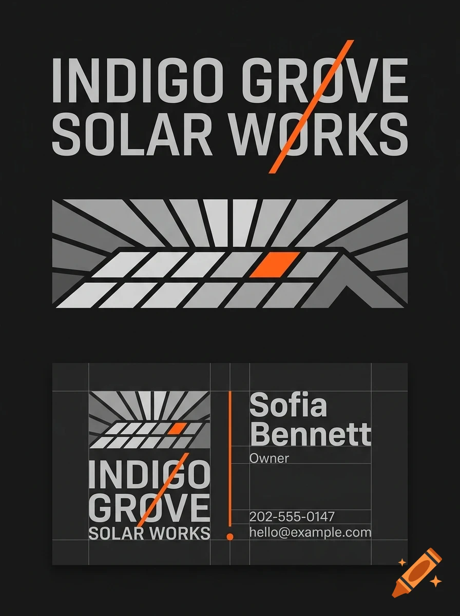 A branding design featuring the text 'INDIGO GROVE SOLAR WORKS', a logo with solar panels and sun rays, and a business card layout with contact details.