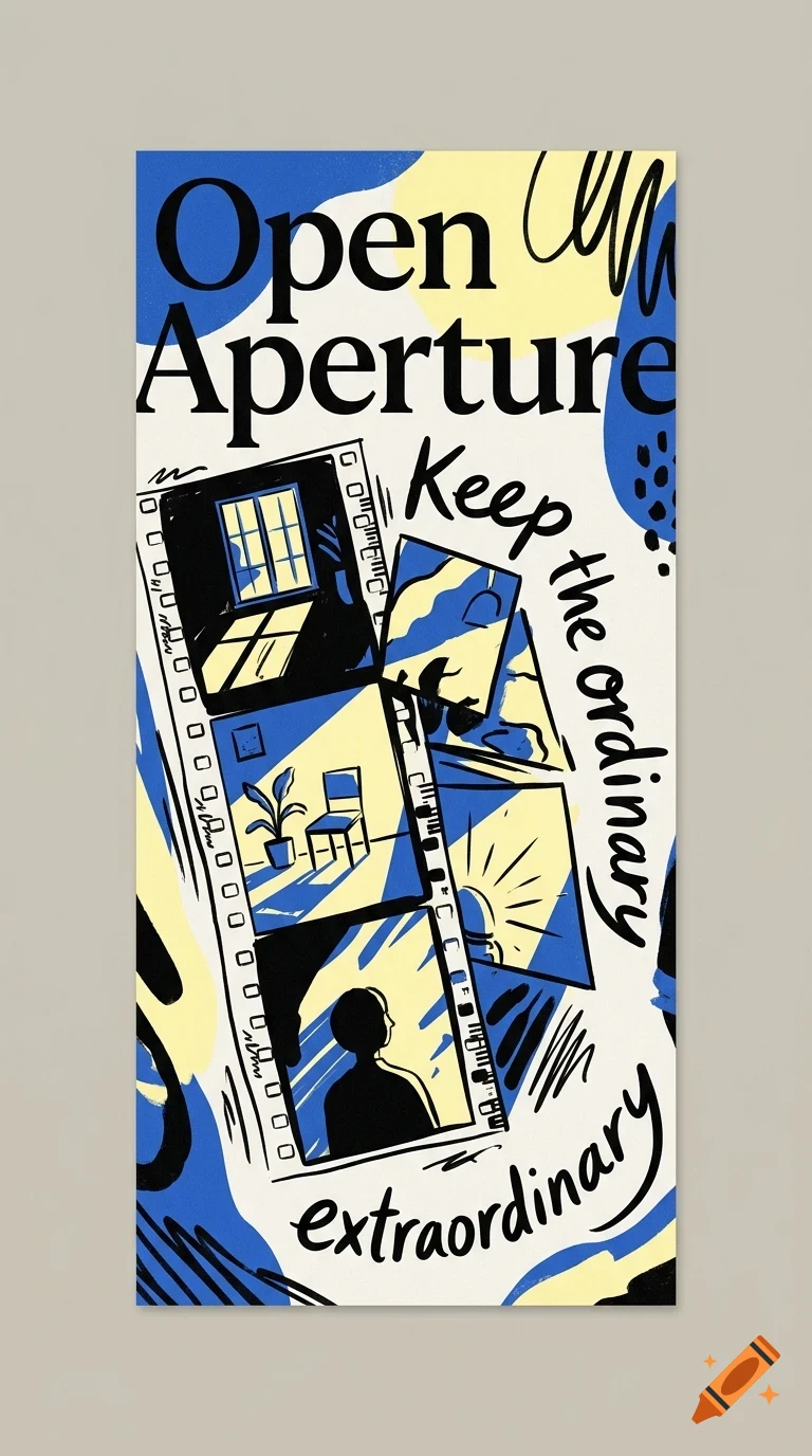 An illustrative poster featuring film strips, abstract shapes, and lettering that reads Open Aperture and Keep the ordinary extraordinary.