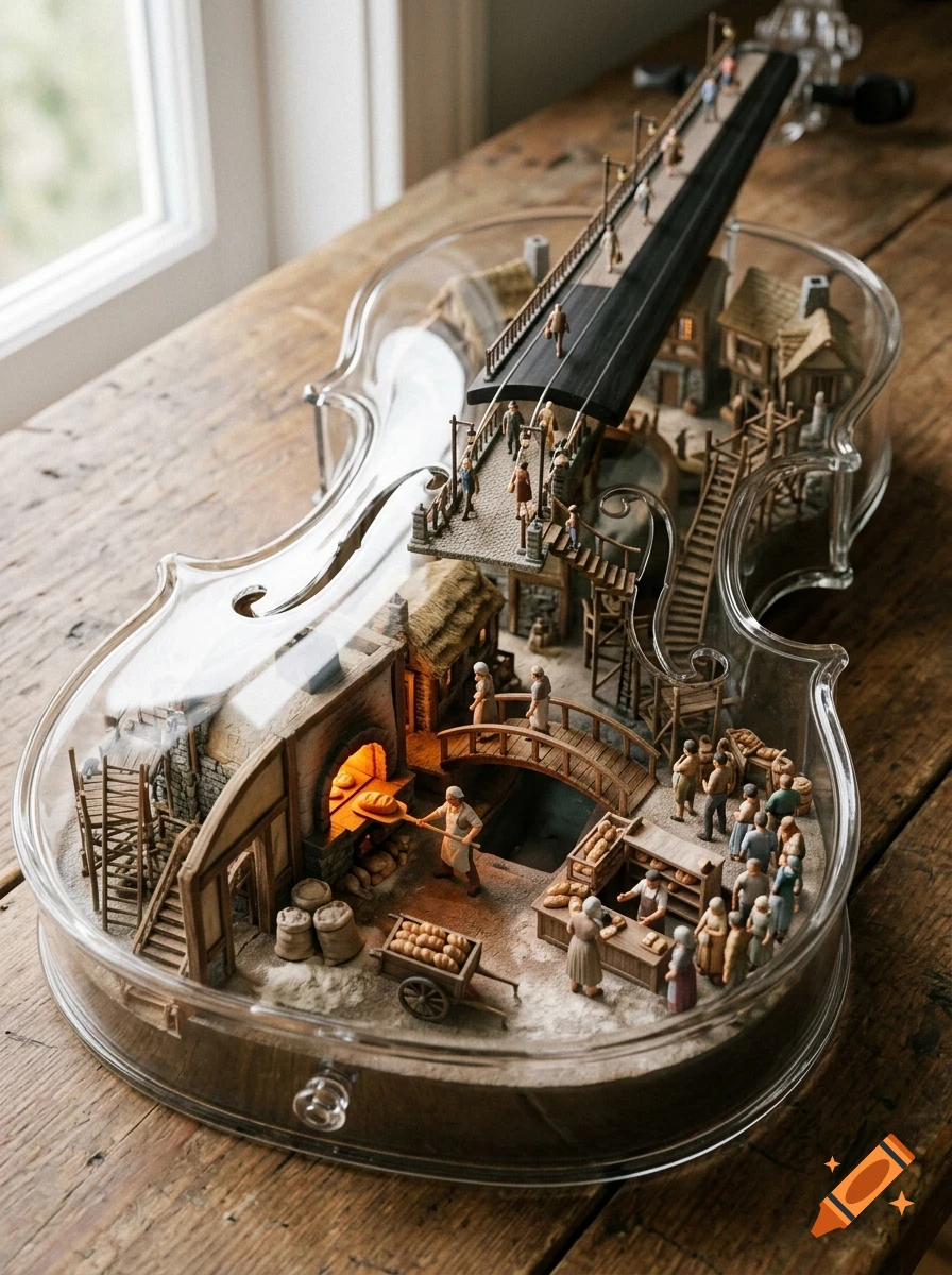 A miniature village and bakery scene built inside a transparent hollowed-out violin resting on a wooden table.