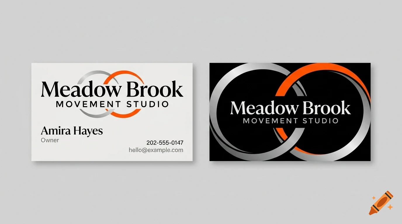 Two business card designs with the text Meadow Brook Movement Studio, interlocking silver and orange rings, and contact information.