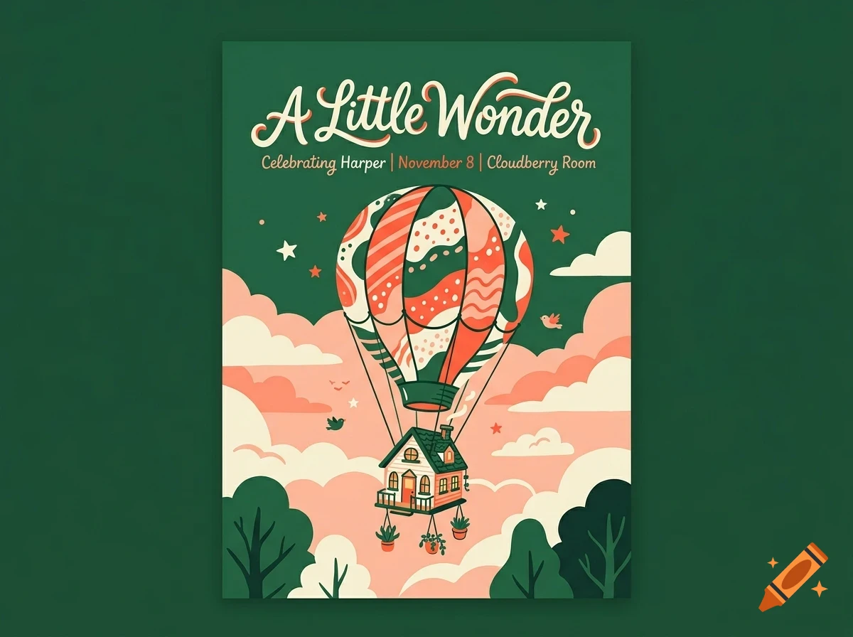 An illustrated poster featuring a hot air balloon carrying a small house among clouds, trees, and stars, with stylized text reading 'A Little Wonder'.