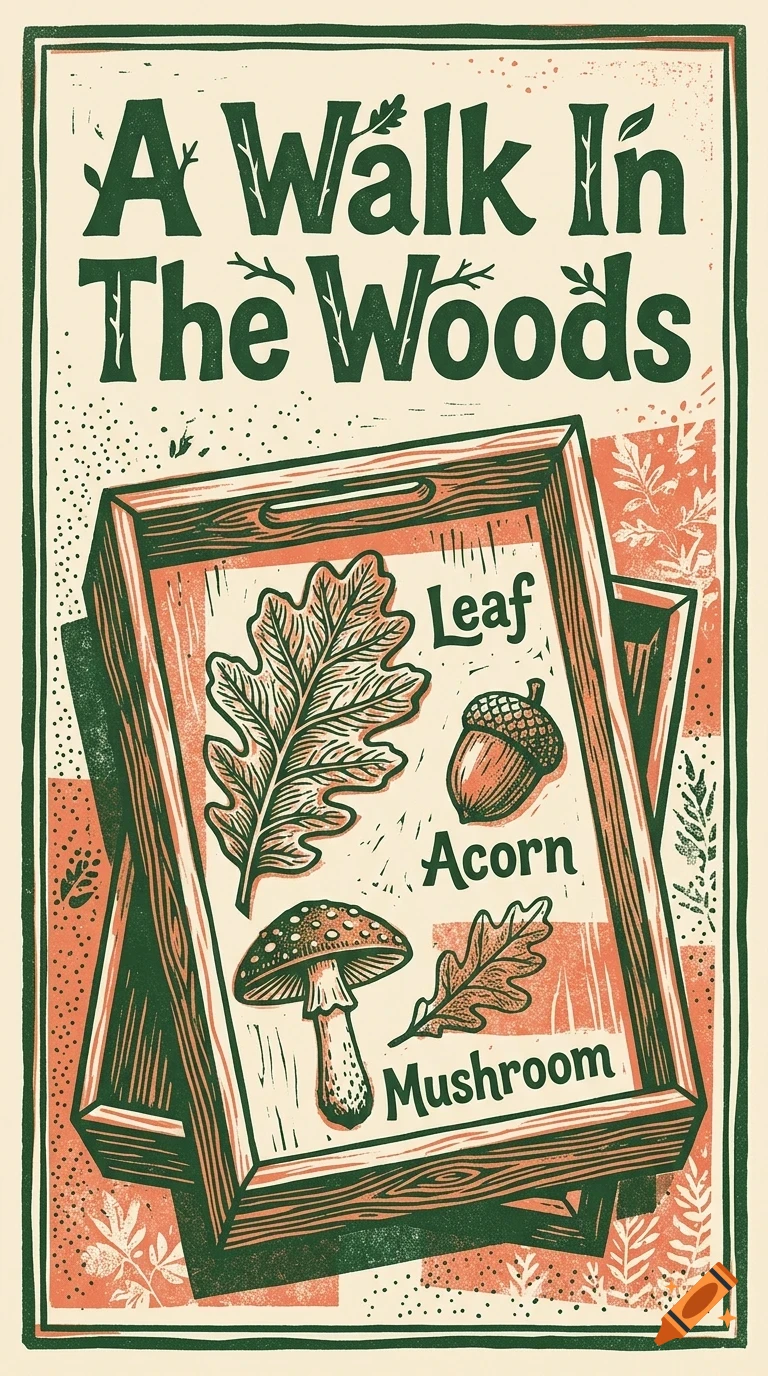 An illustrated poster titled A Walk In The Woods featuring drawings of a leaf, an acorn, and a mushroom inside a tray.