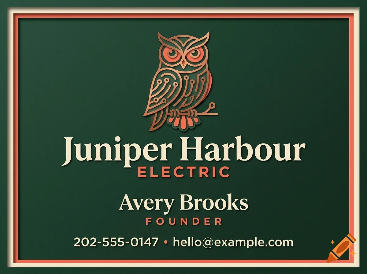An illustration of a stylized owl logo above the text Juniper Harbour Electric, Avery Brooks Founder, and contact details.