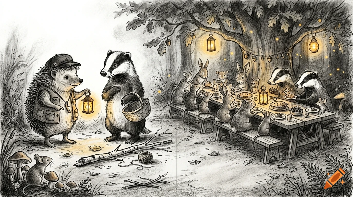 An illustrated woodland scene in ink and pencil style showing anthropomorphic animals including a hedgehog, badger, rabbits, and mice having a feast at a long table under a large tree.