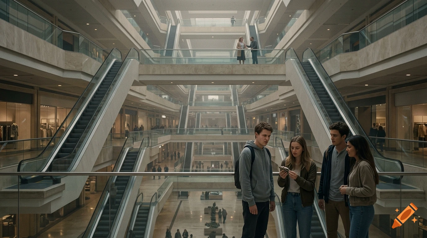 Wide cinematic shot of a vast, multi-level dreamlike shopping mall with escalators and a group of young people in the foreground.