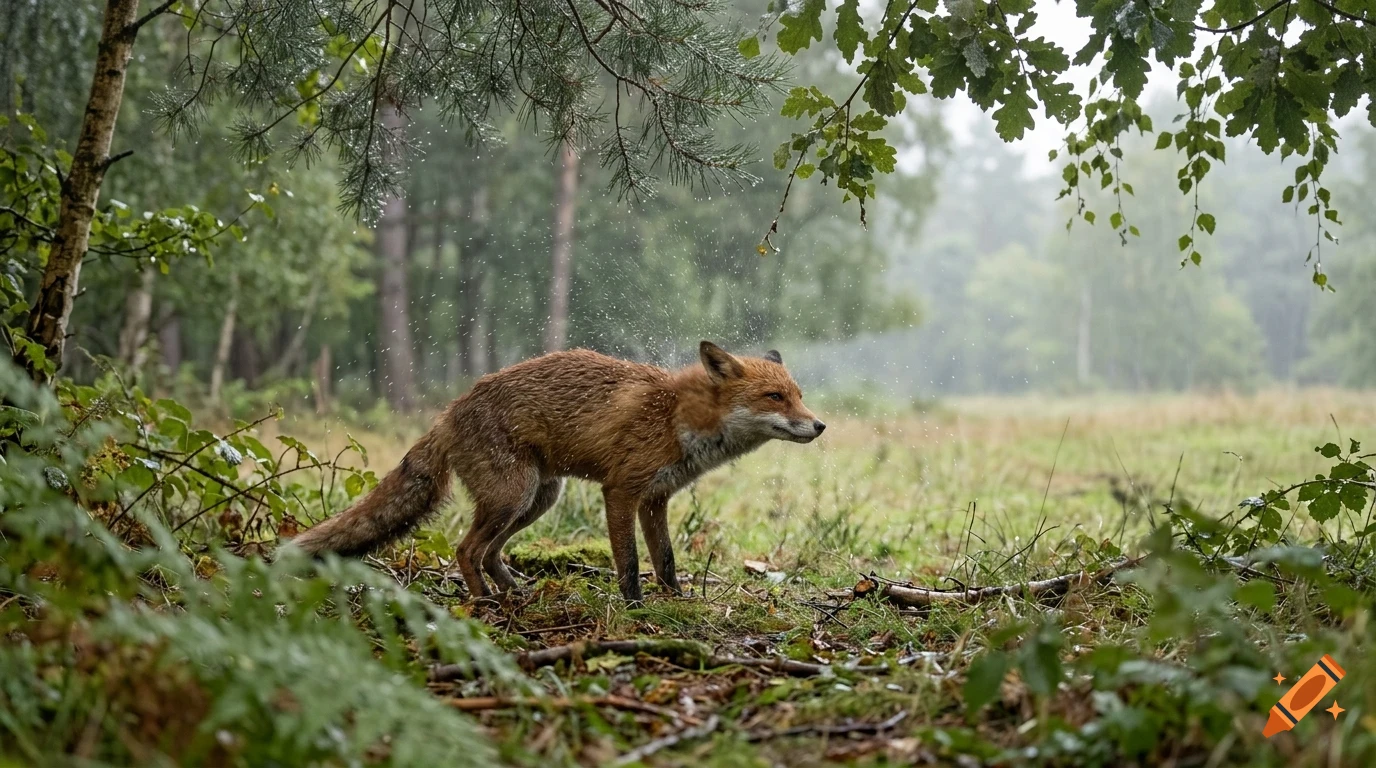 A red fox stands in a clearing in a forest while rain falls and water drops spray.