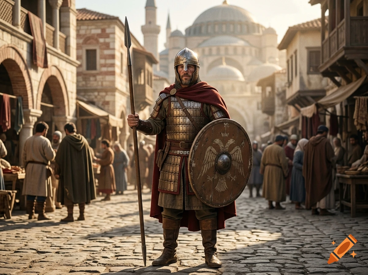 Photorealistic image of a Byzantine city guard standing with a spear and shield in a cobblestone street with a large mosque in the background.