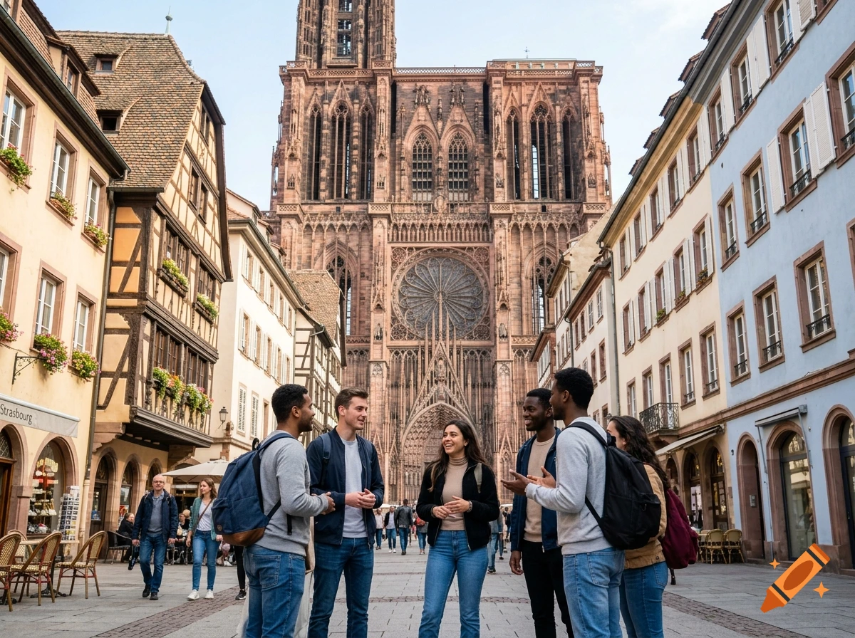Photorealistic street scene in Strasbourg with young adults talking in the foreground and the Strasbourg Cathedral in the background.