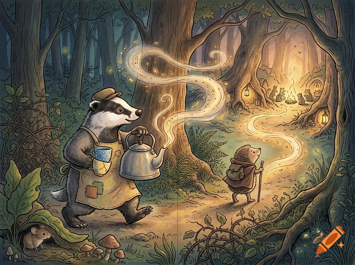 An anthropomorphic badger wearing an apron holds a kettle and cups in a magical forest path, walking near a hedgehog and mouse.