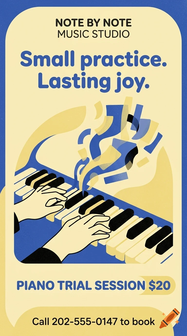 An illustrated poster for Note by Note Music Studio featuring a pair of hands playing a piano keyboard with floating musical notes.