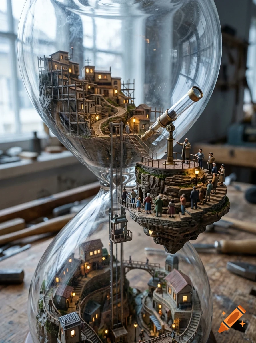 A detailed miniature village with tiny figures and a telescope built inside a glass hourglass.