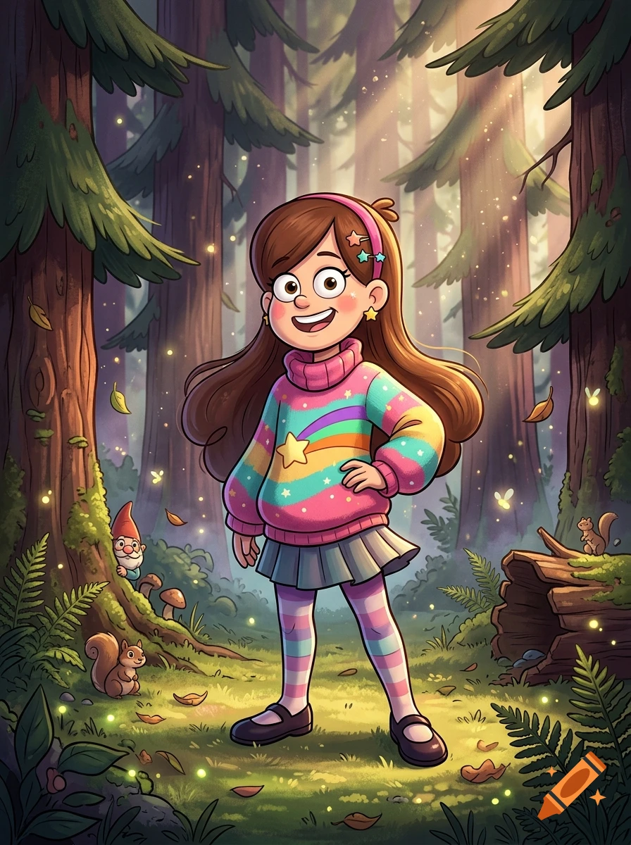 Digital illustration of Mabel Pines from Gravity Falls standing in a magical pine forest with glowing fireflies.