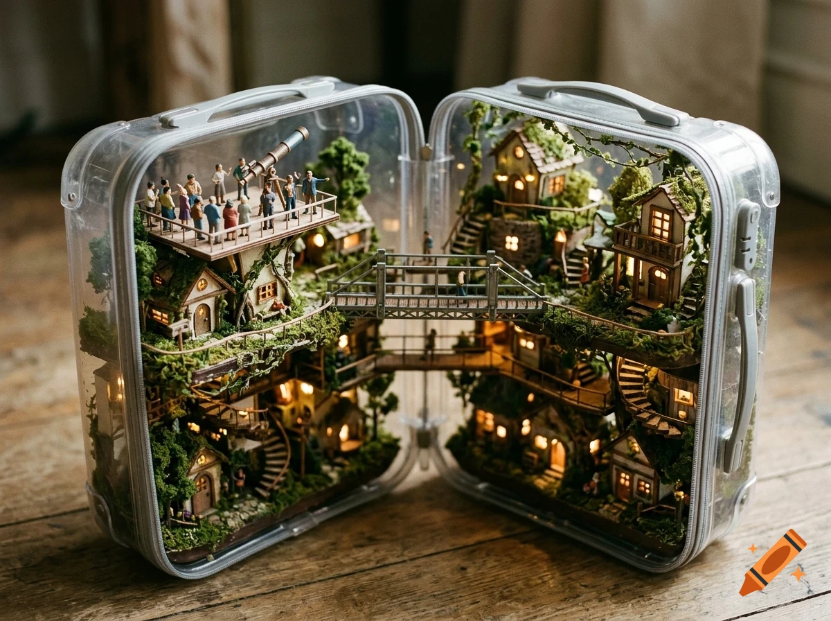A miniature world built inside an open transparent plastic suitcase, featuring small houses, greenery, and tiny figurines.