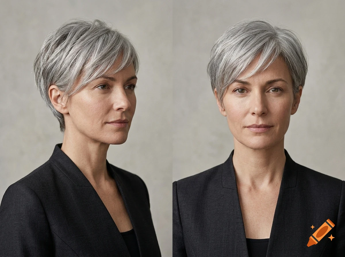 A woman with short grey hair and a black blazer, shown from the front and side in a portrait.