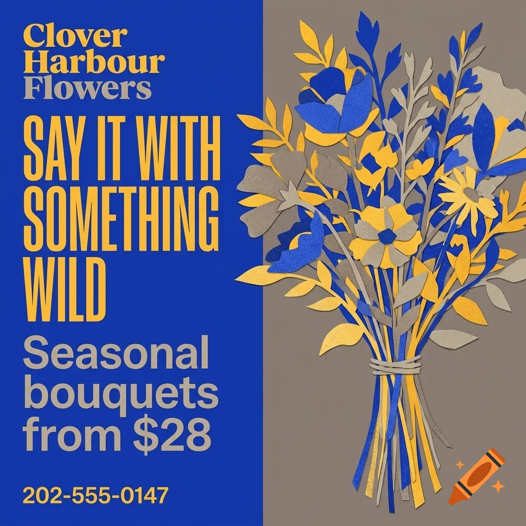 An advertisement for Clover Harbour Flowers featuring a paper-cut style bouquet of blue, yellow, and grey flowers.