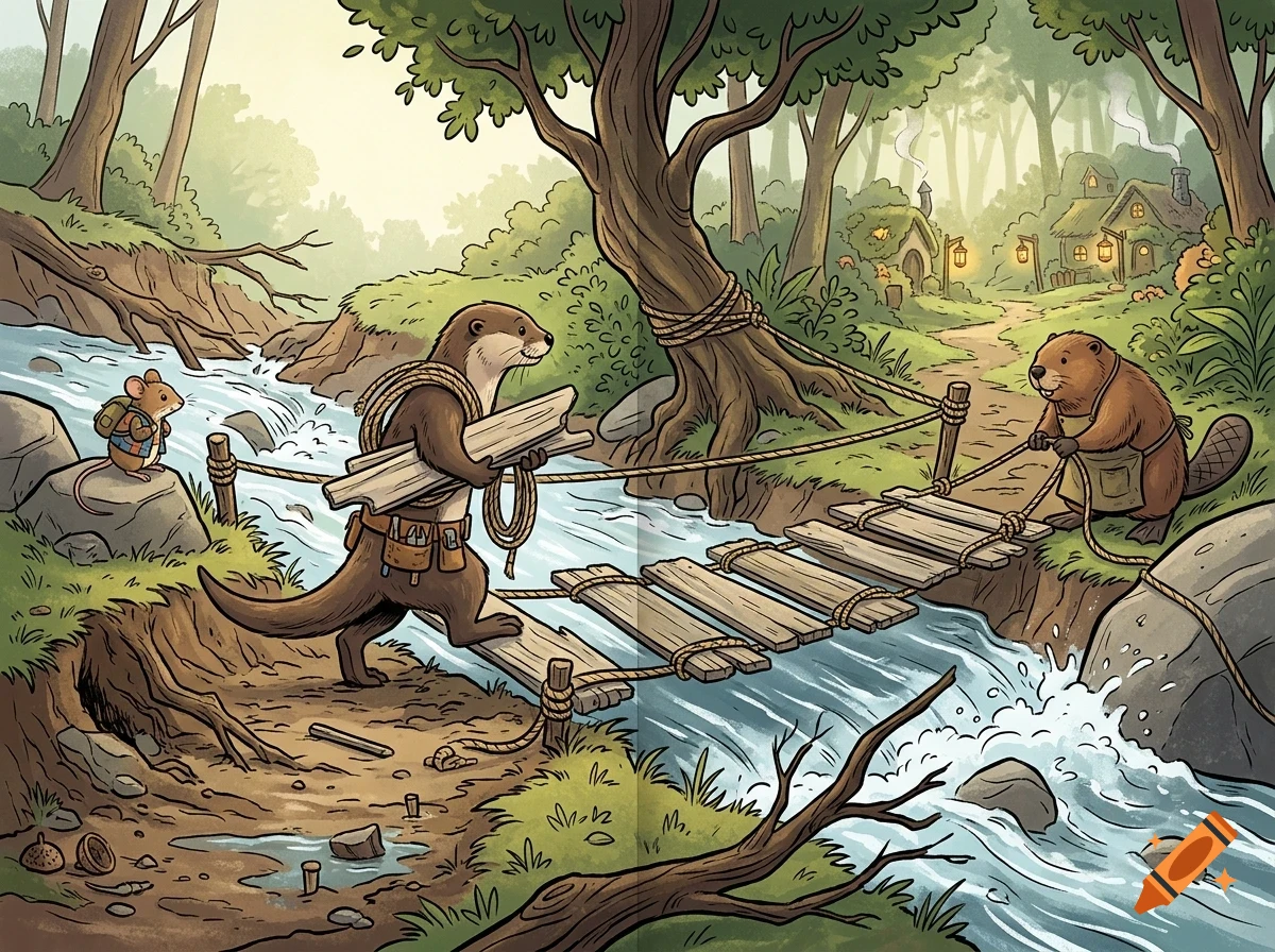 An otter carries wood across a rope bridge over a stream, while a mouse watches and a beaver holds the rope on the other side, near forest houses.
